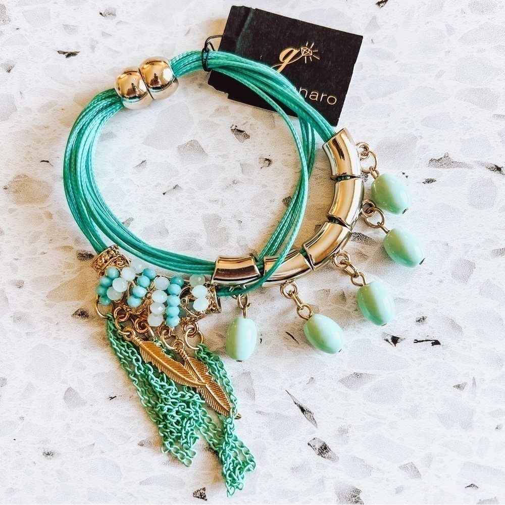 G by Gennaro Women's Gold/Turquoise Blue Charm Magnetic Bracelet NEW